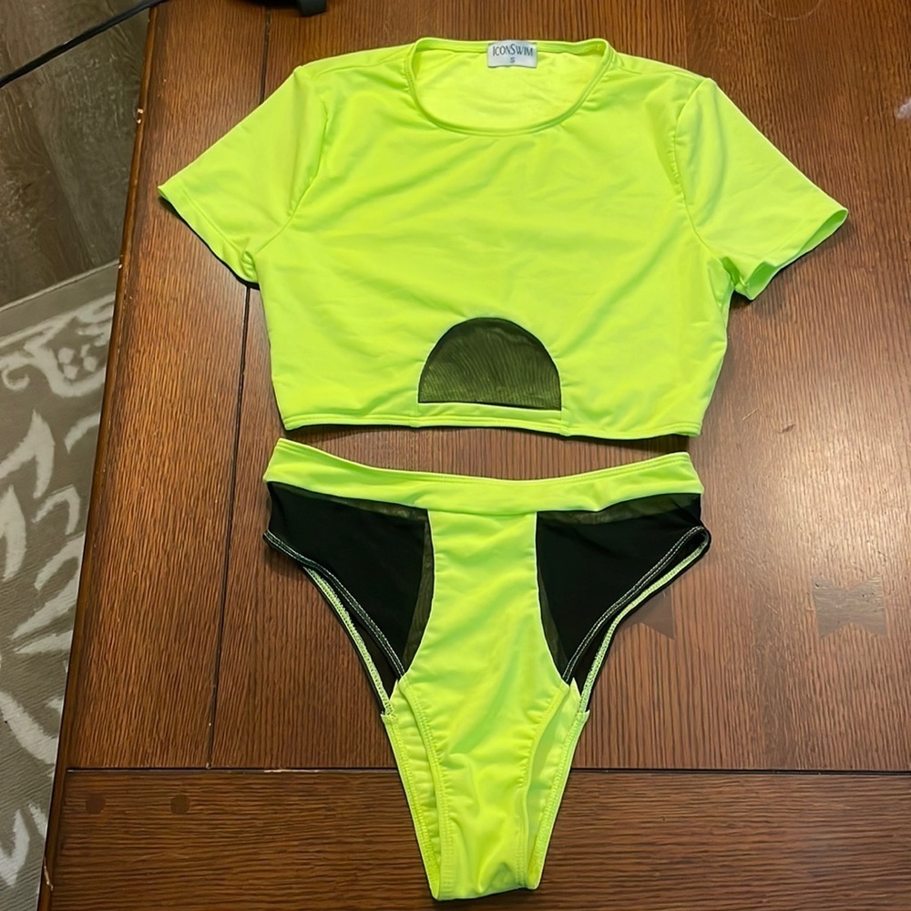 Icon Swim Swimsuit. Bikini. Small. Lime green and black mesh